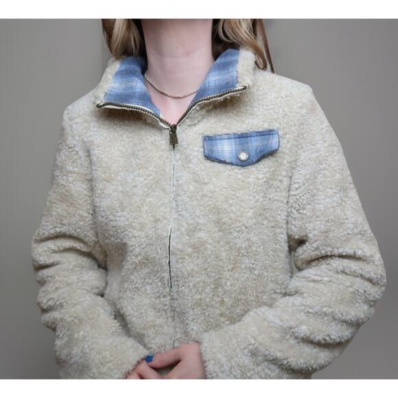 Pendleton Sherpa Fleece Wool Blend Jacket Women’s S Teddy Beige Plaid Contrast - Picture 12 of 13